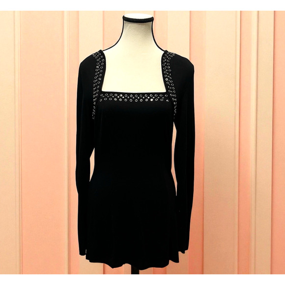 Cache Black Studded Eyelet Square Neckline Y2K Baby Long Sleeve Mob Wife Size S - Picture 1 of 8